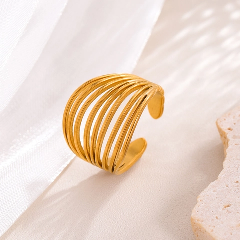 Minimalistischer Mehrlagiger Offener Ring 18K Vergoldet 304 Edelstahl Hohl Verstellbar Geometrisch Für Damen