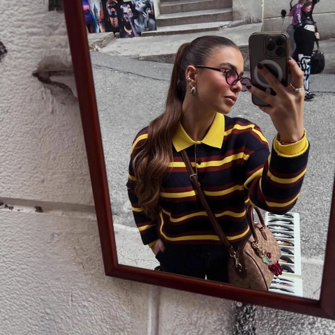Suéter Polo De Punto A Rayas Para Mujer Manga Larga Botón Frontal Estilo Preppy Retro Informal