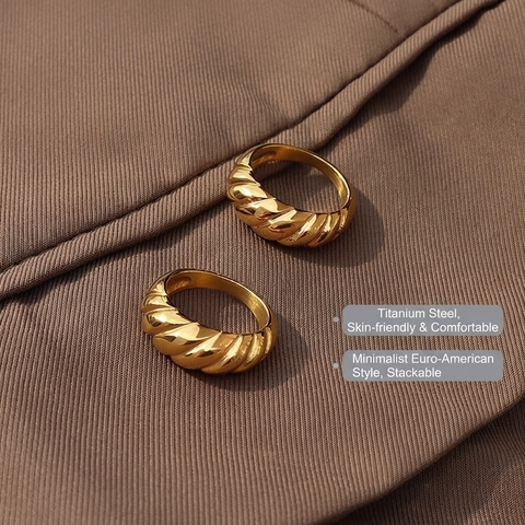 Croissant Dome Ring Titanium Steel 18K Gold Plated Chunky Bold Screw Thread Twist Vintage Minimalist Jewelry For Women