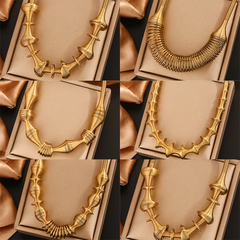Collana Texture Molla Circolare Acciaio Inossidabile Placcato Oro 18K Industriale Geometrico Retrò Catena Clavicola Per Donne
