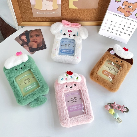 Cute Plush Photo Card Holder Transparent PVC Window Cartoon Animal Design With Keychain For Kpop Idol Cards Bus Cards