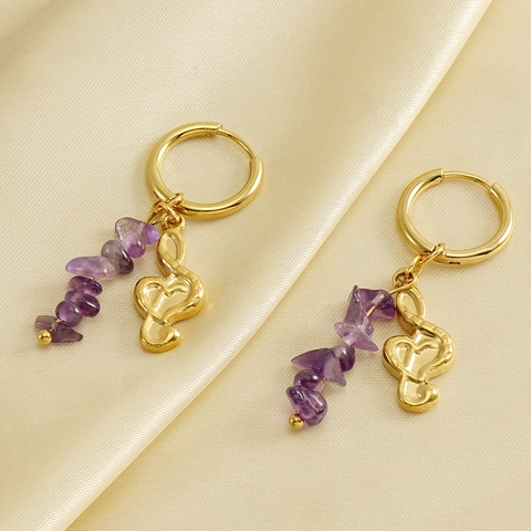 Music Note Hoop Earrings Natural Purple Stone Chips 18K Gold Plated Titanium Steel Jewelry For Women