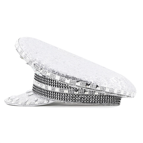 Sequin Captain Hat Rhinestone Studded Military Festival Hat Party Stage Performance Leopard Print Retro Punk Style