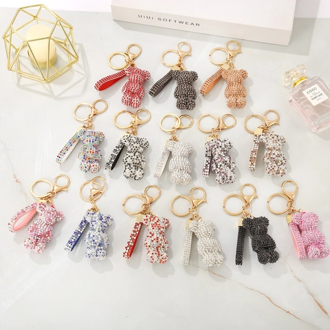 Sparkling Full Rhinestone Bear Keychain Cute Cartoon Alloy Crystal Pendant For Bag Decoration Luxury Charm Gift For Women