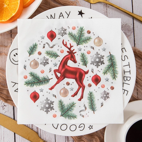 Christmas Printed Paper Napkins Wood Pulp Holiday Table Decor Xmas Party Reindeer Santa Theme Disposable Serviettes