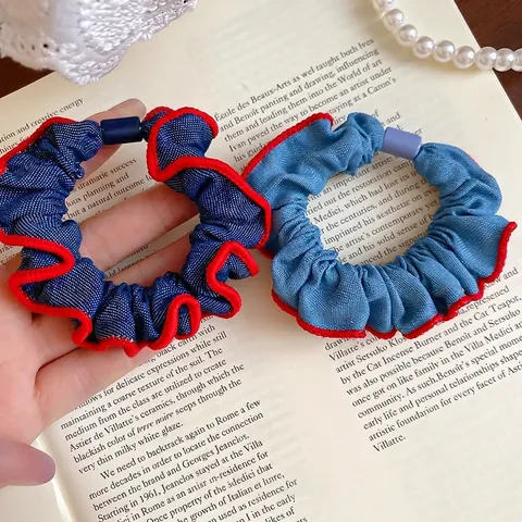 Denim Fabric Scrunchie Red Wavy Edge Lettuce Trim Vintage Polka Dot Ponytail Holder Hair Tie For Women