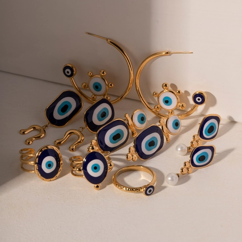 Orecchini E Anelli Evil Eye Acciaio Inossidabile Placcato Oro 18K Smalto Stile Turco Etnico Gioielli Geometrici Per Donne