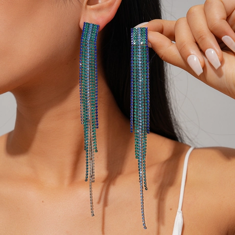 Rhinestone Tassel Drop Earrings Copper Multi Color Gradient Square With Silver Earring Post Luxury Fashion Women