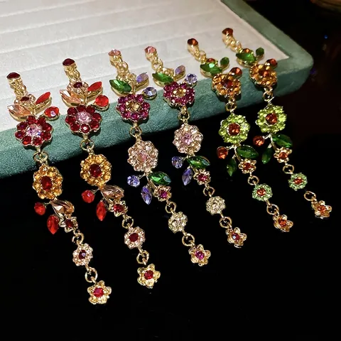 Vintage Multi-Color Rhinestone Floral Leaf Dangle Earrings With 925 Sterling Silver Earring Post For Women Elegant Jewelry