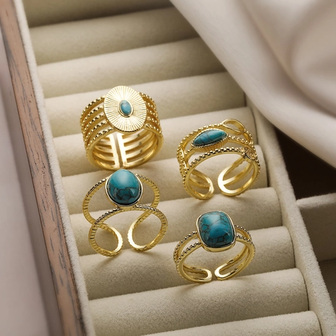 Turquoise Inlay Copper Open Ring Geometric Gold Plated Adjustable Jewelry For Women Retro Style