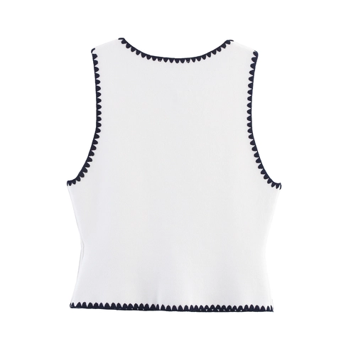 Women's Casual Knitted Vest Contrast Scalloped Trim Sleeveless Round Neck Button Down Cardigan Sweater Top For Daily Wear