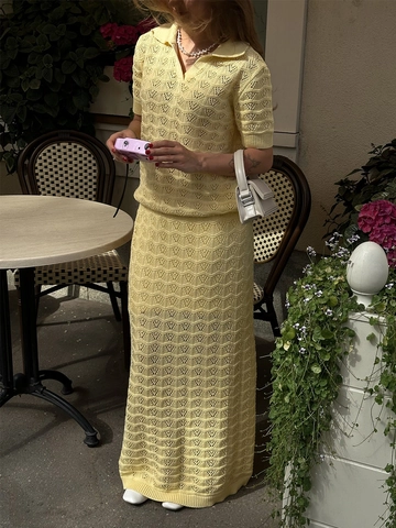 Atuendo Donna Maglia Viscosa Uncinetto Traforato Top Polo E Gonna Maxi Estate Casual Elegante Retro Francese