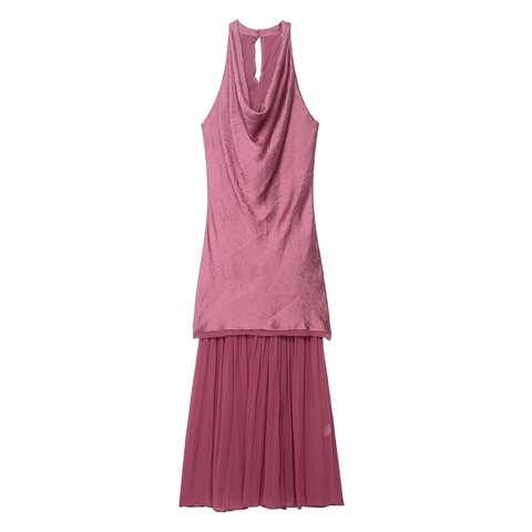 Elegant Halter Cowl Neck Pleated Midi Dress For Women Solid Color Patchwork Sleeveless Party Dress Pink Purple Clothing