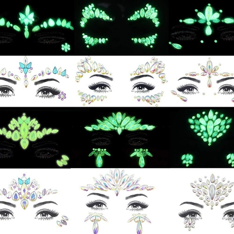 Gioielli Per Il Viso Luminosi Adesivi Brillano Al Buio Strass Corpo Gemme Autoadesivi Olografici Acrilico Cristallo Festival Party Rave Trucco