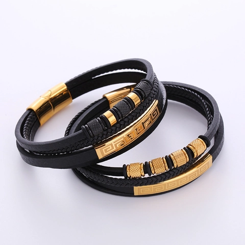 Multi-Layer Braided Leather Bracelet With 316L Stainless Steel Greek Key Charm Magnetic Clasp Punk Style For Men