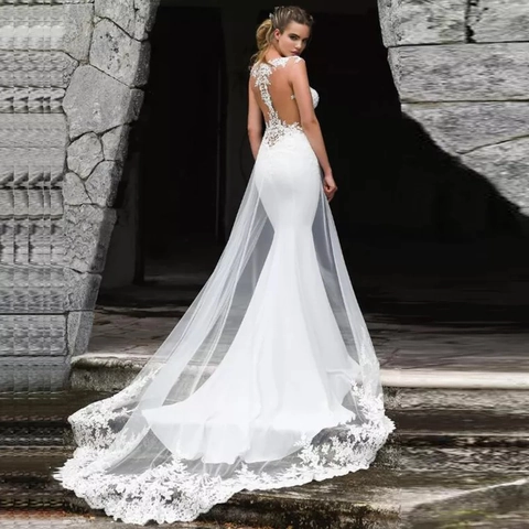Mermaid Hochzeitskleid Spitze Applikation Rückenfrei Lange Schleppe Ärmellos Elegant Brautkleid Luxus Für Damen