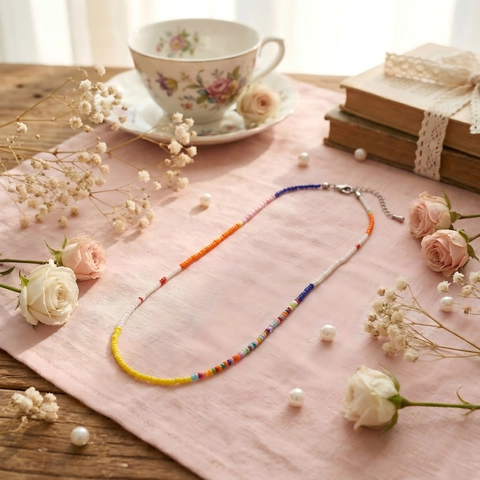 Handgefertigte Glasperlen Halskette Choker Bohemien Regenbogen Bunt Schmuck Damen Sommer Strand Verstellbar Lagenlook Accessoire