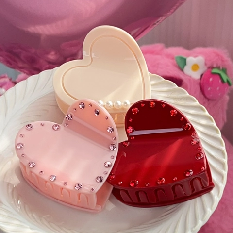 Heart Shaped Hair Claw Clips Acetate Rhinestone Faux Artificial Pearl Shark Clips Sweet Romantic Hair Accessories For Women