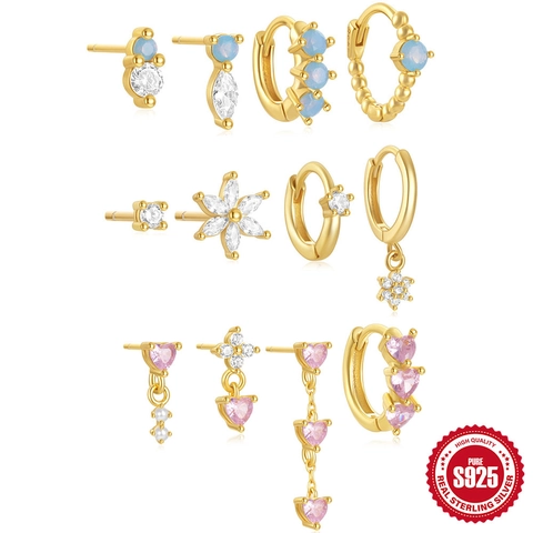 S925 Sterling Silver Geometric Heart Flower Zirconia Earrings For Women Gold Plated Hoop Stud Earring Jewelry Accessory