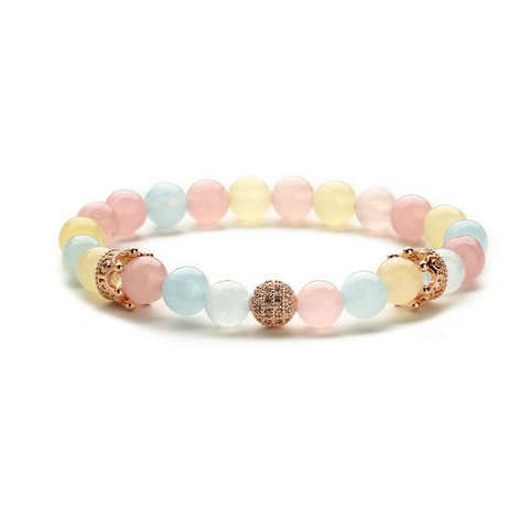 Natural Stone Beaded Bracelet Rose Gold Copper Crown Charm Micro Pave Zirconia Ball Elastic Jewelry For Women