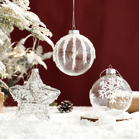 Ornements De Noël En Verre Boules Et Étoiles Transparentes Avec Paillettes Étincelantes Perles Flocons De Bois Pour Décoration