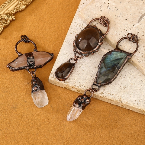 Collar Con Colgante De Piedra Natural Labradorita Cuarzo Ahumado Cristal Blanco Cobre Retro Bohemio Cadena De Suéter