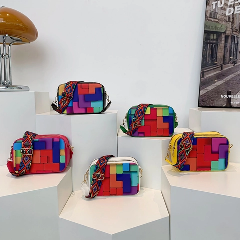 Borsa A Tracolla Da Donna Pelle PU Blocco Di Colore Geometrico Borsa Per Fotocamera Tracolla Tessuta Larga Piccola Borsa Quadrata