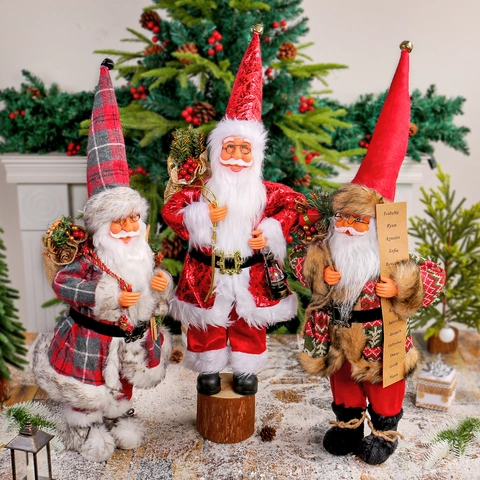 Standing Santa Claus Figure Fabric Faux Fur Sequin Traditional Christmas Doll Festive Home Tabletop Decoration Ornament Luxury