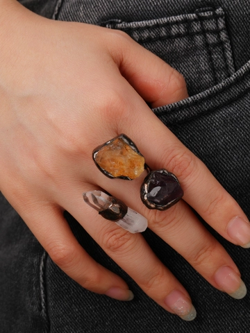Handmade Retro Natural Crystal Raw Stone Ring For Women Adjustable Amethyst Citrine Bronze Plated Punk Rock Jewelry Gift