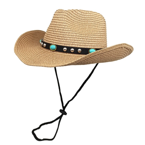Chapeau De Cow-Boy En Paille Avec Turquoise Et Rivets Protection Solaire Tissé Bord Large Style Vintage Pour Extérieur Plage