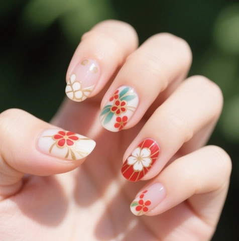 Ongles À Presser Courts Carrés Faux Ongles Artificiels Style Japonais Rouge Blanc Motif Fleur De Prunier Brillant Élégant