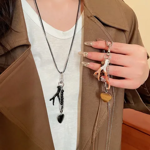 Retro Double Layer Long Sweater Chain Necklace With Stone Heart And Resin Branch Pendant For Women Bohemian Jewelry