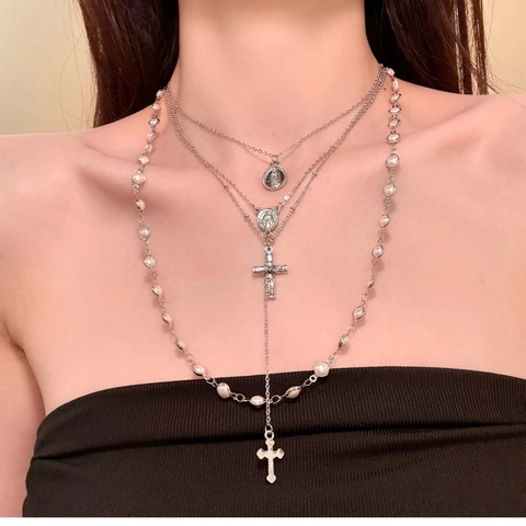 Multi Layered Necklace With Cross Pendant And Imitation Artificial Pearl Alloy Religious Virgin Mary Medal Vintage Jewelry For Women