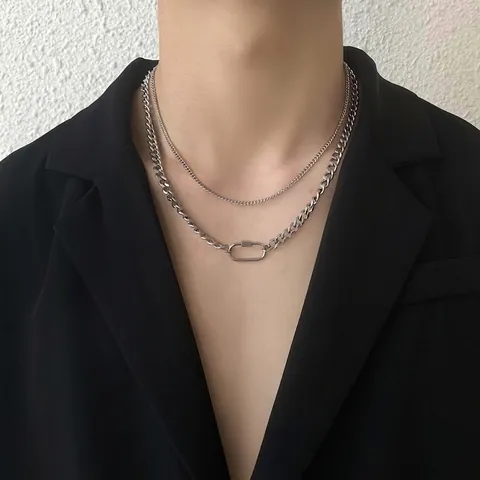 Stainless Steel Double Layer Necklace With Oval Carabiner Clasp Cuban Link Chain Industrial Minimalist Punk Jewelry