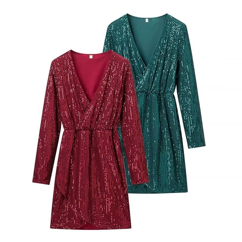 V Neck Sequin Long Sleeve Mini Dress Slim Fit Party Evening Clubwear Wrap Irregular Hem Elegant Sparkly For Women