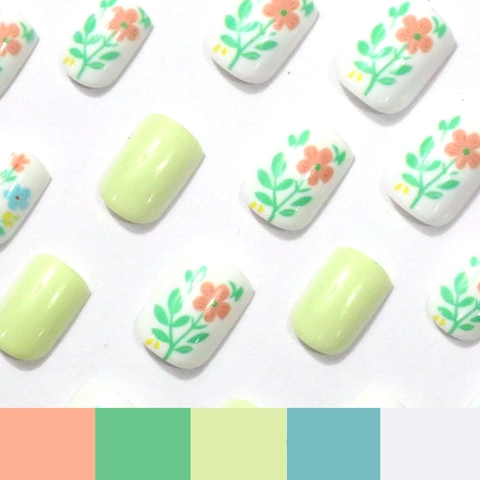 Short Square Press On Nails ABS Floral Print Fresh Green Artificial Nails Full Cover For Women