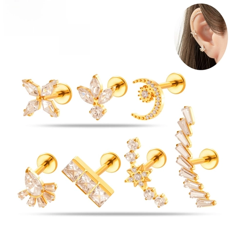 Bijoux De Piercing Labret En Titane G23 Zircon Dos Plat Boucle D'oreille Cartilage Tragus Helix Lune Étoile Fleur Femmes