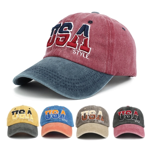 Gorra De Béisbol De Algodón Lavado Vintage Estilo USA Bordado Bloque De Color Protección Solar Ajustable Unisex