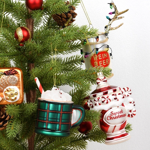 Ornamenti Appesi Albero Di Natale Vetro Dipinto Cibo Bevande Forma Birra Torta Cacao Glitter Decorazione Festa