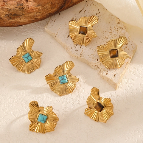 Vintage Jewelry Ginkgo Leaf Ring And Earrings 18K Gold Plated Stainless Steel Turquoise Tiger Eye Stone Bohemian For Women