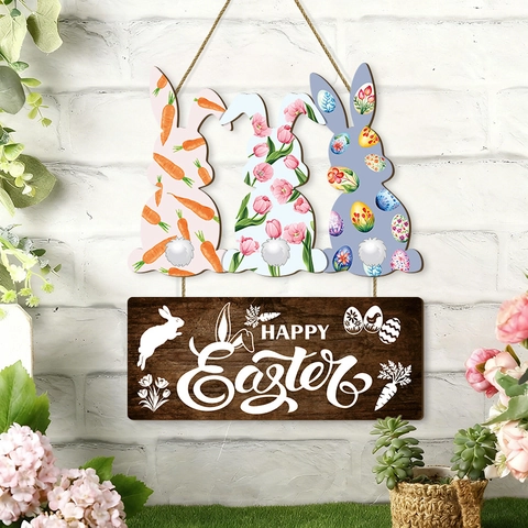 Easter Bunny Wall Hanging Plaque Wooden Hollow Rabbit Sign Happy Easter Ornament With Hemp Rope For Kitchen Home Decor