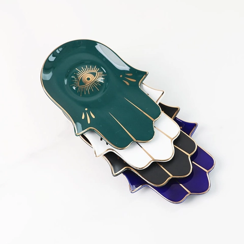 Hamsa Hand Schmuckschale Keramik Evil Eye Dekorative Platte Goldrand Desktop Organizer Für Ringe Ohrringe Deko