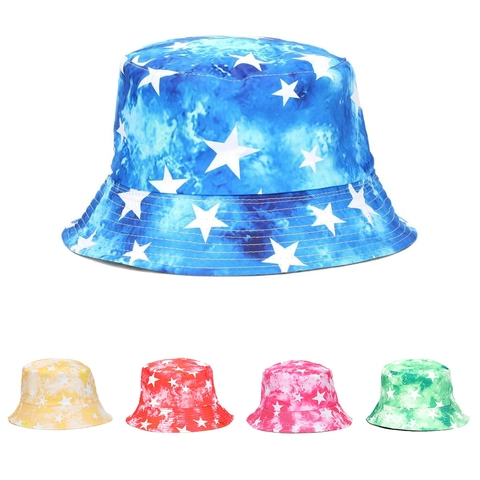 Tie-Dye Star Print Bucket Hat Polyester Sun Protection Outdoor Summer Casual Packable Fisherman Cap For Men Women