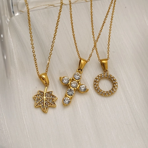 Collana Pendente Acciaio Inossidabile 304 Placcato Oro 18K Zircone Foglia Croce Cerchio Impermeabile Ipoallergenico Donne