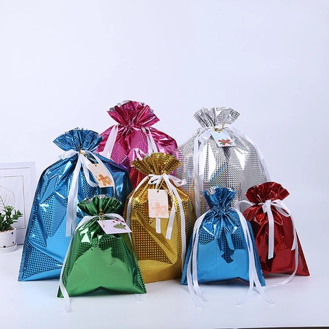 Christmas Drawstring Gift Bags Holographic Laser Film Plastic Candy Packaging Santa Reindeer Pattern Holiday Party Favors