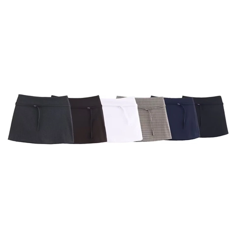 High Waist A-Line Mini Skorts With Belt Side Split Skirt Shorts Polyester Casual Solid Plaid Sweet Style Women