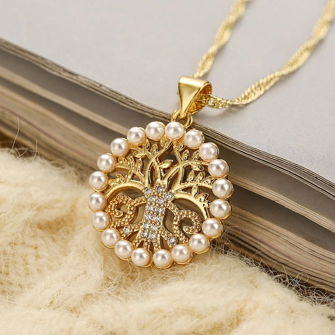 Collar Con Colgante Árbol De La Vida Flor De Mariposa Cobre Chapado En Oro Circón Perla Artificial Joyería Para Mujer Elegante