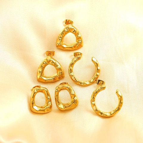 Pendientes De Botón Geométricos Minimalistas Acero Inoxidable 304 Chapado En Oro 18K Textura Martillada Irregular Para Mujer