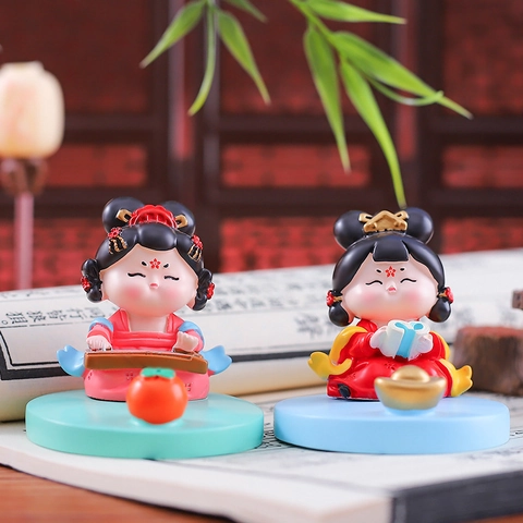 Chinese Ancient Style Tang Lady Resin Figurines Cute Chibi Character Desktop Decoration Miniature Ornament Phone Stand