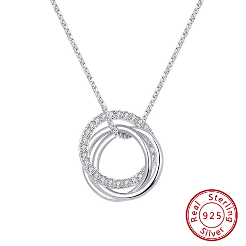 S925 Sterling Silver Triple Interlocking Rings Pendant Necklace For Women Elegant Gold Silver Rhinestone Box Chain Jewelry
